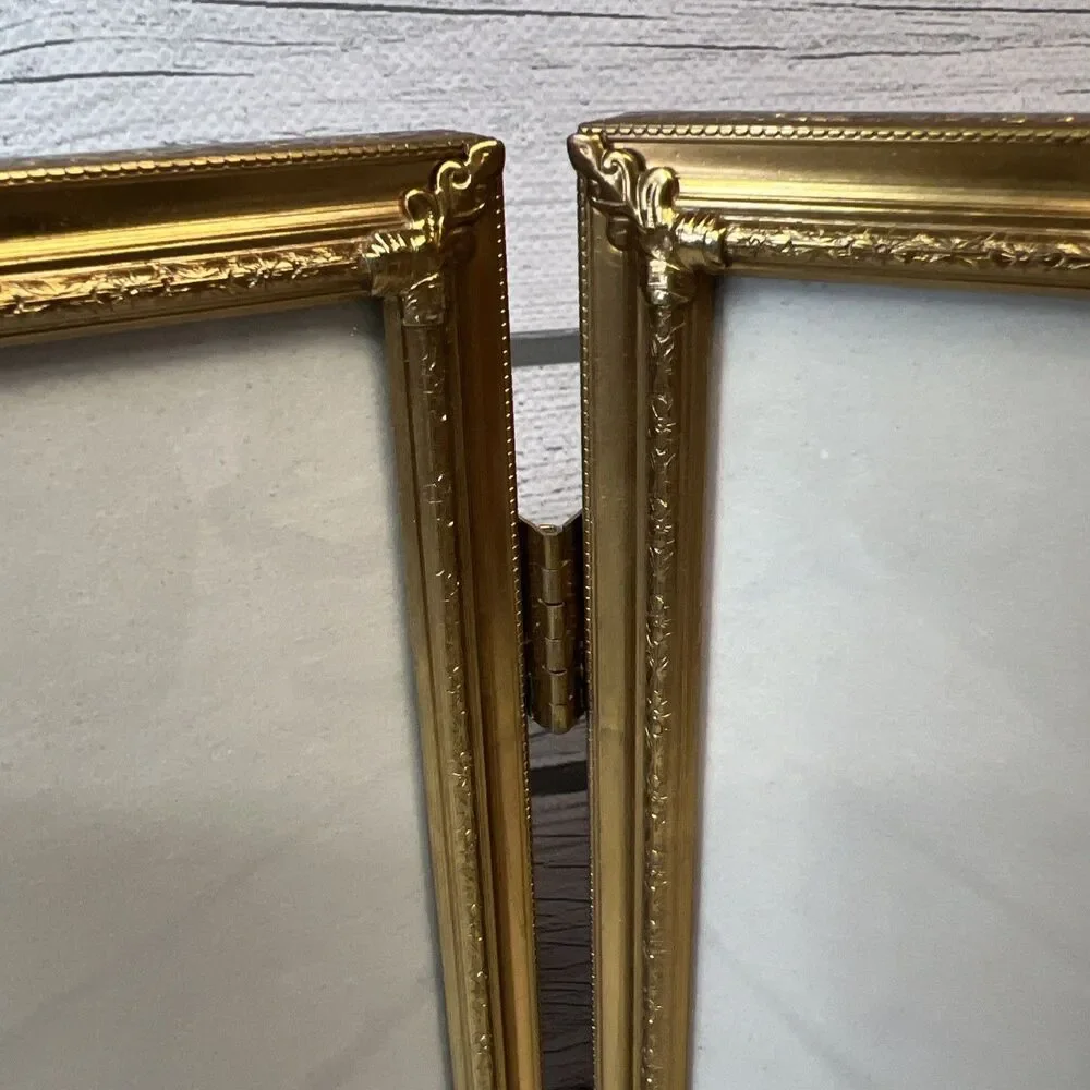 Vintage MCM Ornate Gold Tone Metal Bi-Fold Double 8x10 Hinged Picture Frame